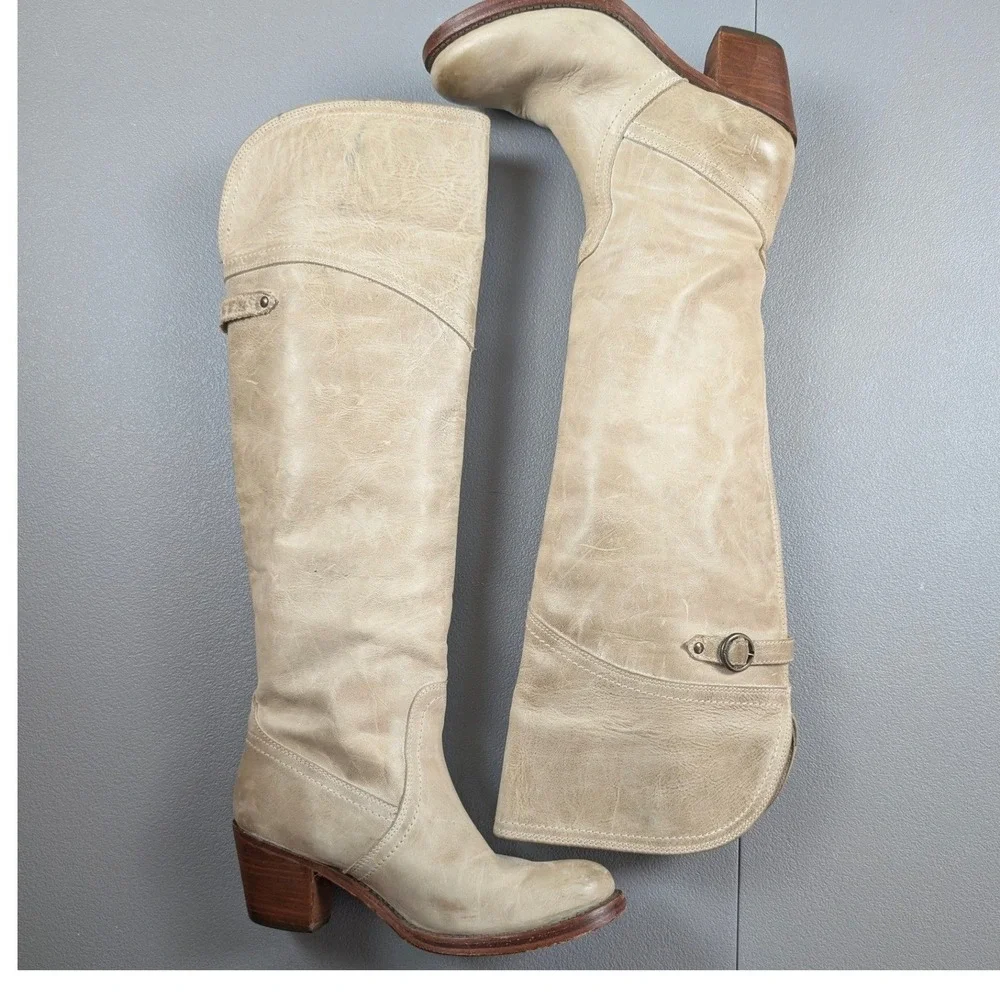 Frye Jane Tall Cuff Boots 6 Cream Taupe Leather OTK Riding Western Over the Knee